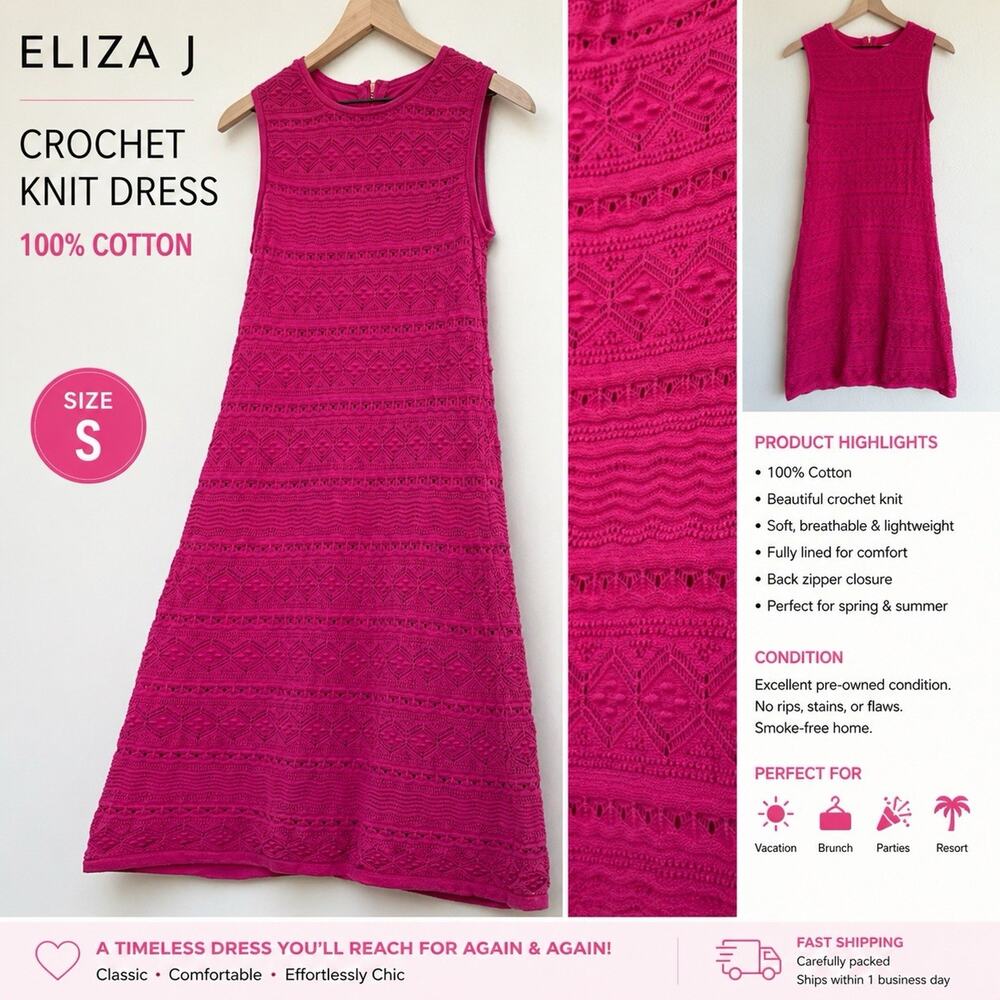 Eliza J Crochet Knit Dress Pink Size Small 100% Cotton Sleeveless Shift Boho